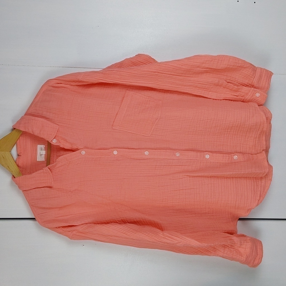 Lou & Gray Pink Coral Cotton Gauzy Buttondown Top Pocket Minimalist Mod Sz.L